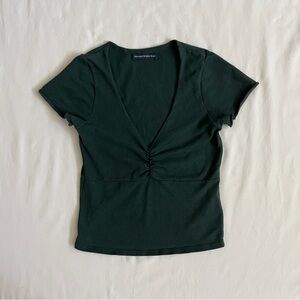 Brandy Melville Gina Short Sleeve Top | Dark Green V-neck Ruched Tee Size OS